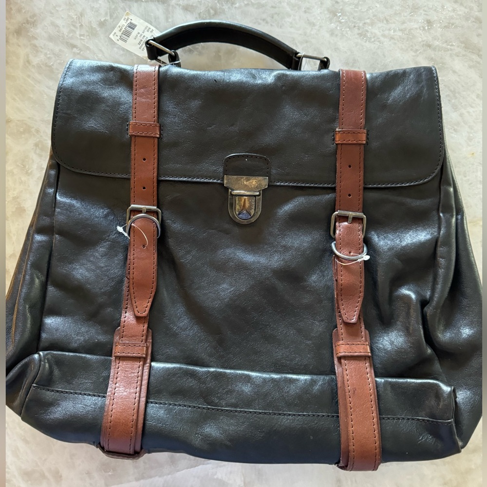 NWTS Bloomingdale’s Leather Soft Briefcase, Black and Chocolate Brown Prada look